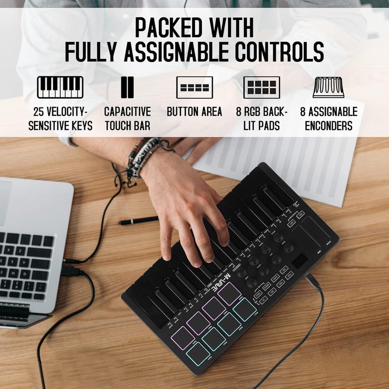 M-VAVE 25 مفتاح وحدة تحكم لوحة مفاتيح MIDI USB مع 8 وسادات درام مضاءة ، بلوتوث ، لوحة مفاتيح ديناميكية شبه مثقلة احترافية ، 8 مقبض وموسيقى إنتاج ، برنامج متضمن (أسود) - Image 3